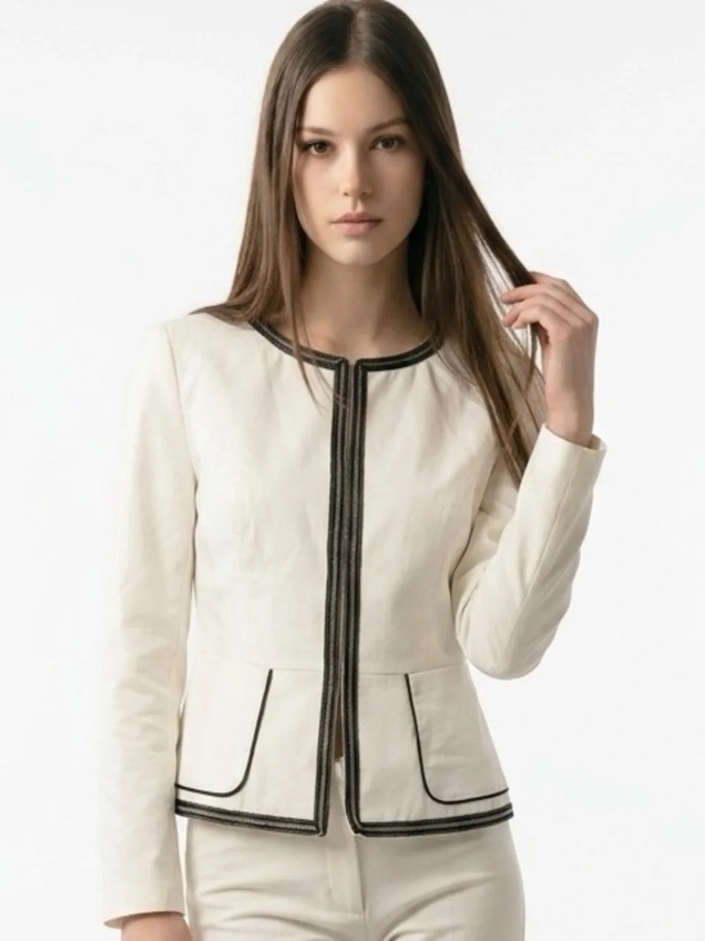 Yimei Blazer Women Size S White New Contrast Trim Collarless Open Front BL9L401C - Picture 1 of 7